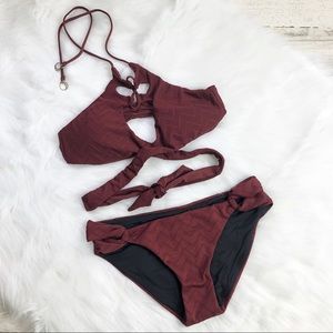 Soluna Swim Maroon 2 pc Halter Tie Neck Suit L NWT